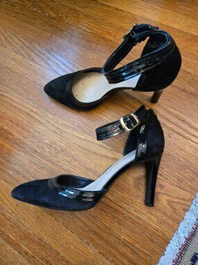 Franco Sarto Dark Navy Suede & Black Ankle Strap Heels, Sz 6